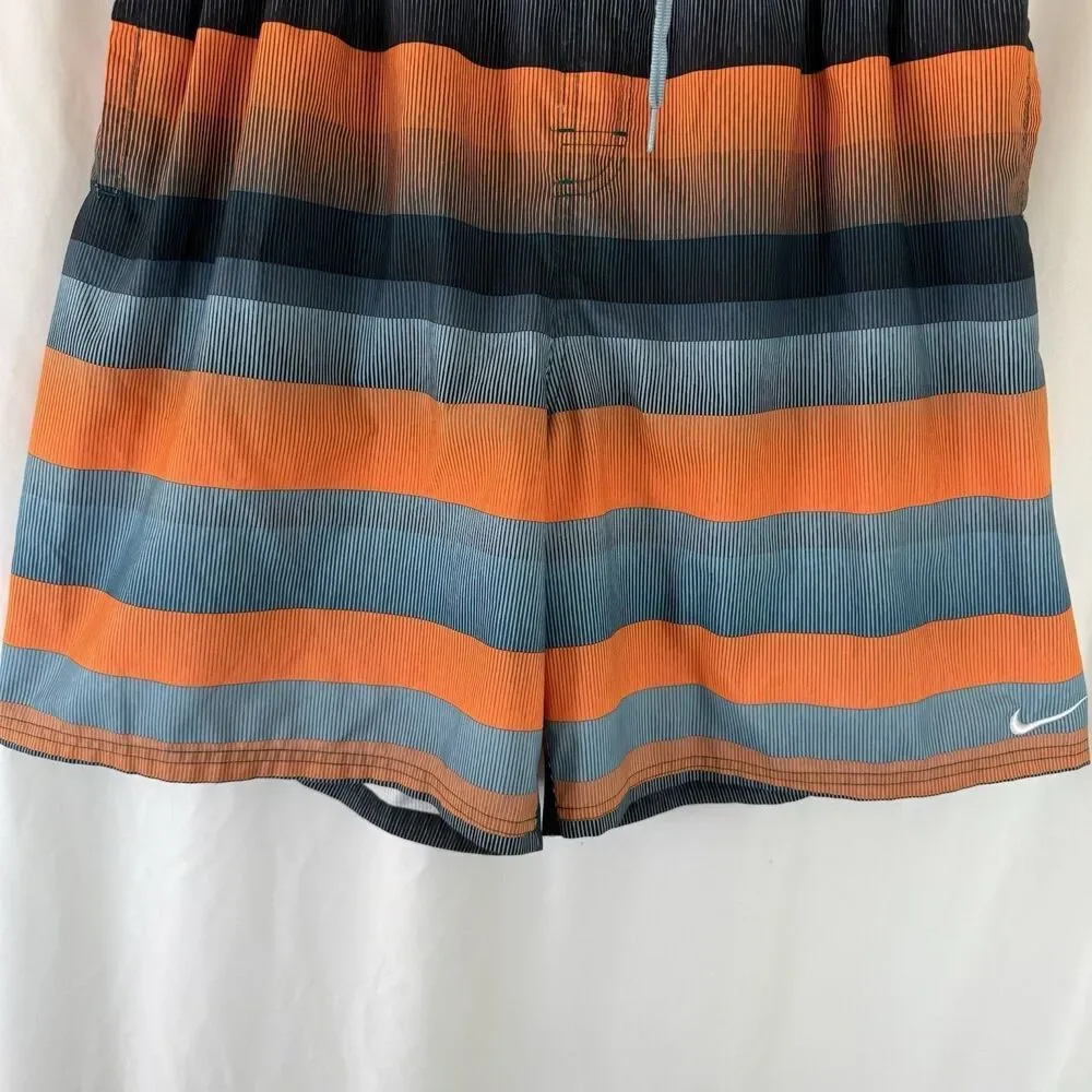 Nike Swim Trunks Men's XXL Orange Blue Striped Drawstring Lined Pockets Elastic